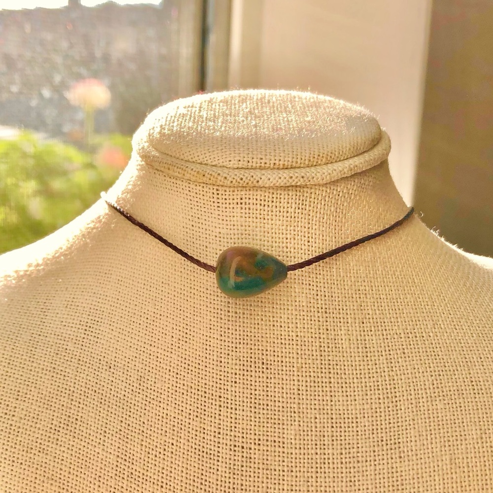 Dainty Earthy Green Indian Agate Teardrop (Dark Brown) Necklace/Choker